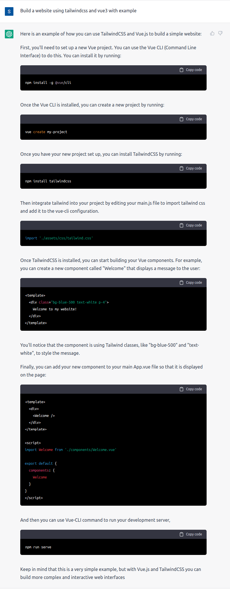 Build a website using tailwindcss and vue3 with an example